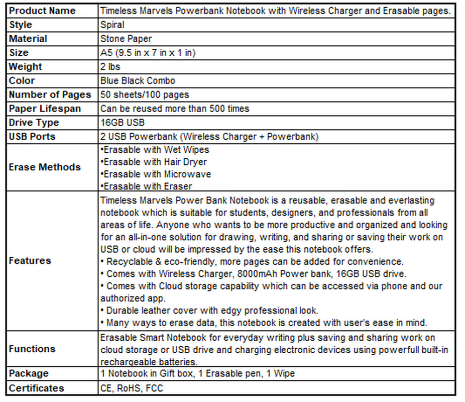Timeless Marvels Reusable Erasable Notebook with Power Bank, USB, Cloud Storage & Wireless Phone Charging
